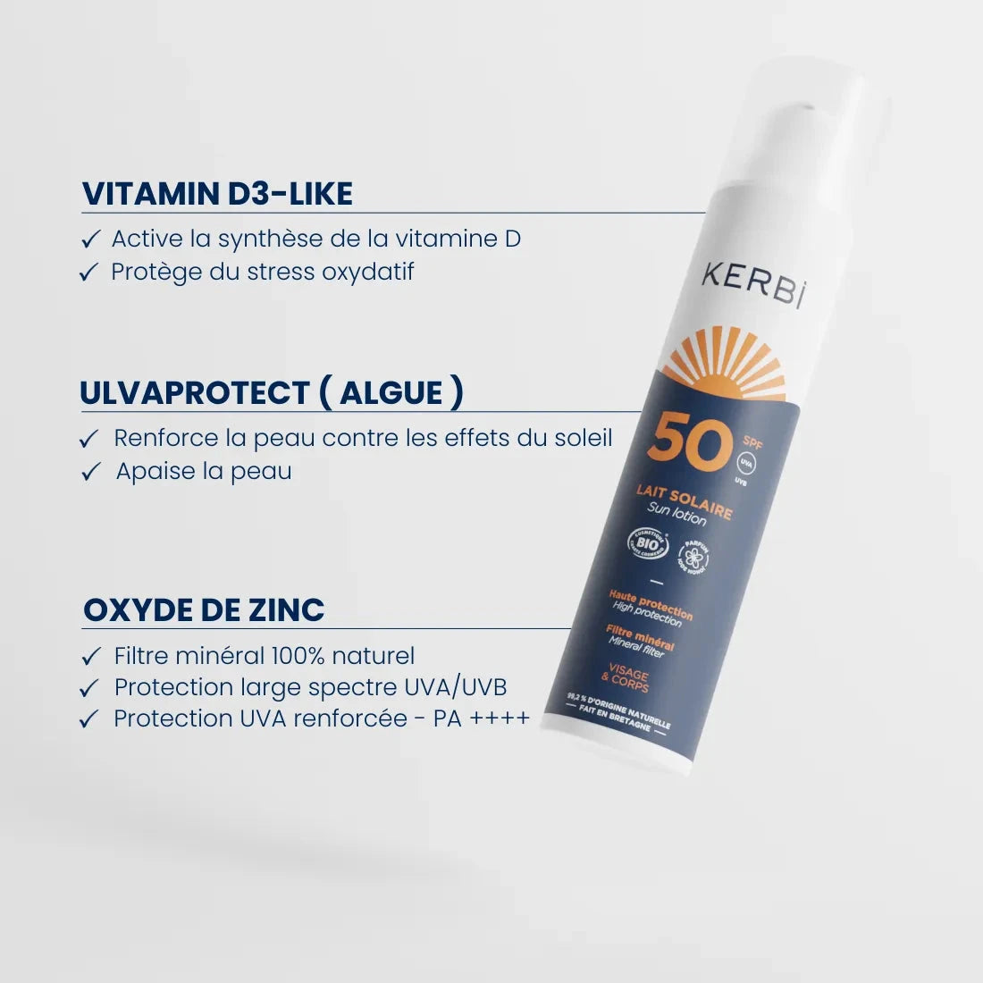 Lait solaire Crème Solaire Adulte SPF 50 Soin solaire KERBI